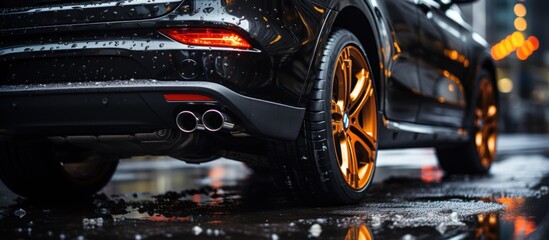 Closeup view of a modern black car parked in the rain.
