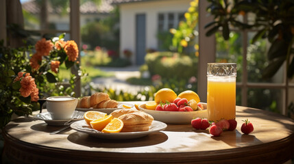 breakfast in the garden with juice and lemon