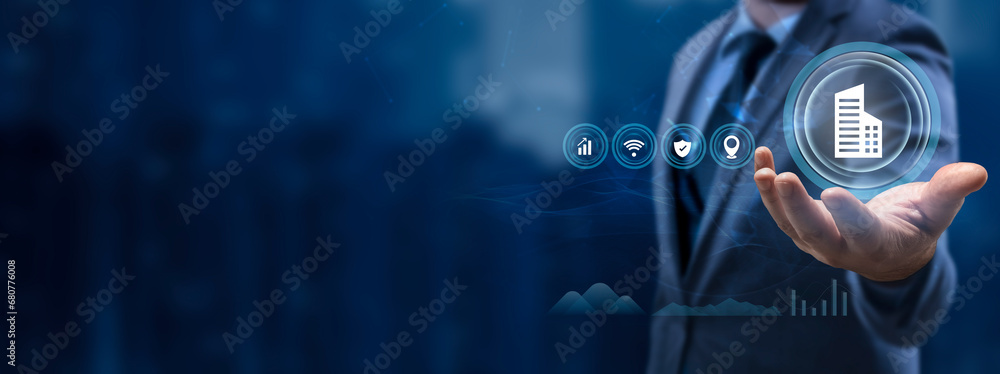 Poster smart home. innovation technology and home automation control system concept, user holding virtual i