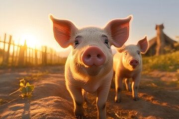 farm pigs with sunlight. Agriculture industry swine banner.