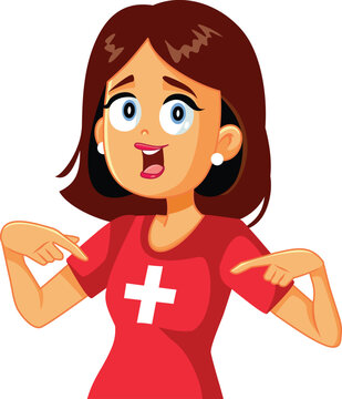 Woman Wearing Switzerland Souvenir Shirt Vector Illustration. Proud patriotic girl pointing to the Swiss cross on her t-shirt 
