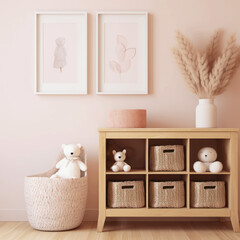 Pastel pink baby announcement nursery room setting. 
