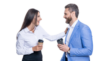 businesspeople colleagues having a coffee break in office meeting isolated on white