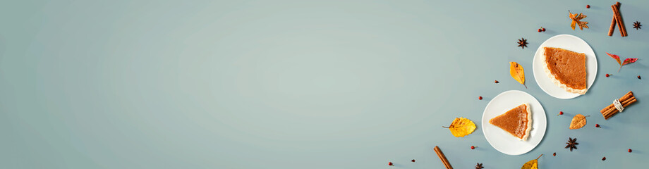 Autumn theme with pumpkin pies - overhead view