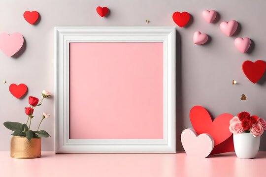 Wall mockup with a blank photo frame, Valentine's Day concept, 3D rendering