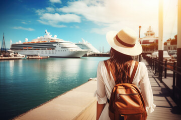 woman standing in front of a cruise ship, travel concept, cheerful,. generative ai - obrazy, fototapety, plakaty