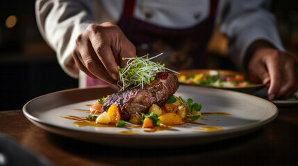 Close-up, chef and food garnishing for fine dining, restaurant cuisine and dinner. Professional worker, creative and cropped closeup image of a hand preparing a delicious healthy meal in a kitchen.