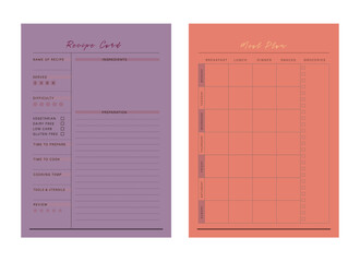 (Hello) Recipe Card and Meal Plan Planner. Minimalist planner template set. Vector illustration. 