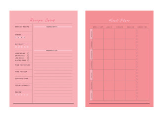 (Pink) Recipe Card and Meal Plan Planner. Minimalist planner template set. Vector illustration. 