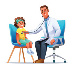 Doctor examining a little girl by stethoscope. Vector cartoon character illustration