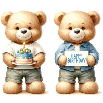 Cute teddy bear with birthday cake on white background.