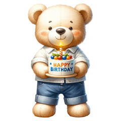 Cute teddy bear with birthday cake isolated on white background.