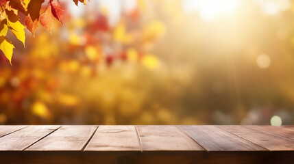 Naklejka na ściany i meble Empty Wooden Table in Sunny Autumn Festive Foliage Background