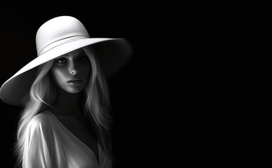 A mysterious portrait in harsh lights and shadows. Woman in white hat, black background, space for text