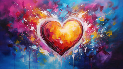 Multicolor Abstract Art Painting of Love and Heart Symbol. Romantic Art Painting in Vibrant Colors