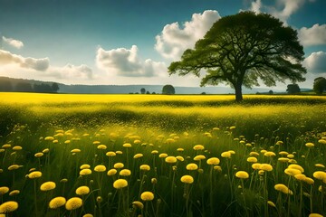 Beautiful natural meadow landscape with green grass and yellow dandelion blooms against a cloudy, hazy blue sky. Perfect natural setting in the summer and spring