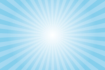 Sky blue sunburst background. Sunburst light background with blue ray. Aqua sun ray vector background. Radial beam sunrise retro design. Light sunburst glowing background.

