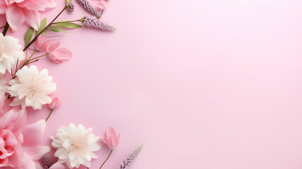Banner with cherry blossoms on a light pink background. Springtime composition with copy space_Generative AI