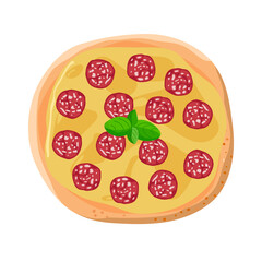 Pepperoni pizza with basil cartoon flat vector illustration. Traditional italian dish. Pastry food with sausage pieces and cheese for menu. Tasty Italian pizza. Colorful Restaurant Isolated Nutrition