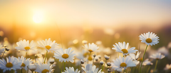 A warm golden hour scene with white daisies blooming in a field and a sunset as the centerpiece_Generative AI
