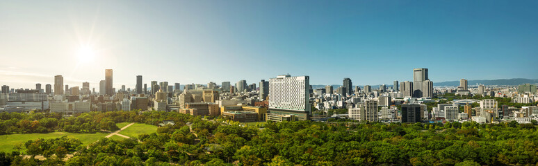 Fototapeta na wymiar Panorama skyline of Osaka City View From Osaka Castle Tenshukaku.