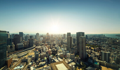 Fototapeta premium Panorama Osaka city skyline view from Umeda sky building during sunrise.