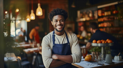 Fototapeta na wymiar Waiter, male and portrait of a happy man standing arms crossed in a restaurant kitchen. Confident, skilled and professional worker looking at camera for owner, career or hospitality occupation