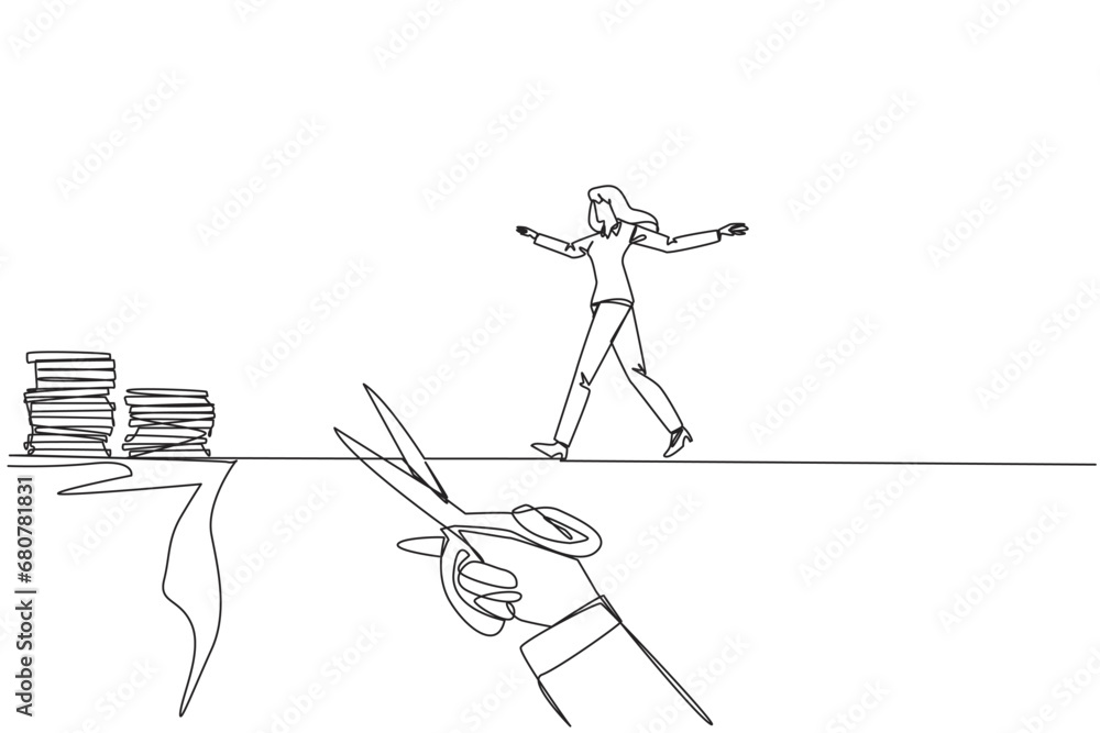 Poster continuous one line drawing businesswoman walking on tightrope from one cliff to another. failed to 