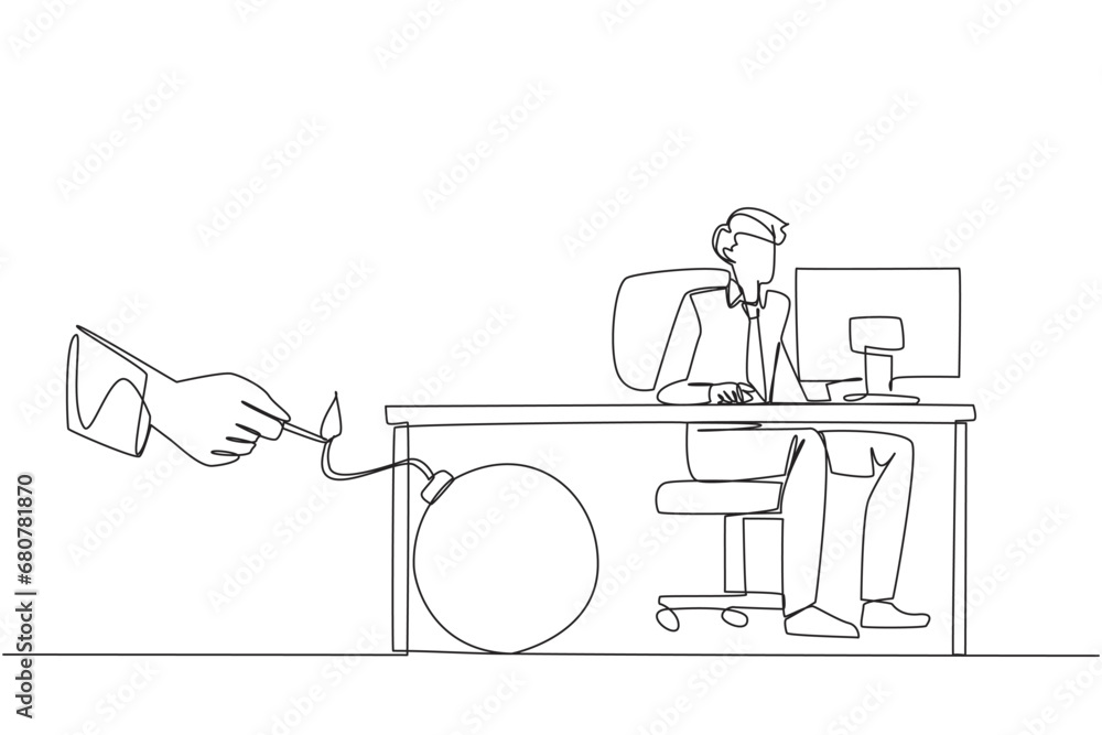Poster single continuous line drawing businessman typing at a computer desk. trapped by business partner. a