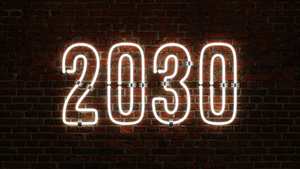 3D 2030 Happy New Year Neon Light - obrazy, fototapety, plakaty