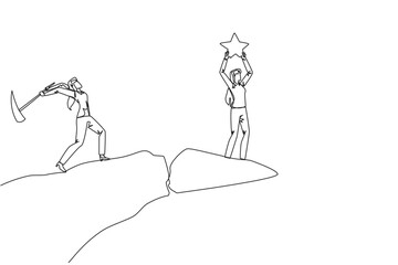 Single continuous line drawing businesswoman standing on the edge of a cliff holding up a star. The hypocrite partner want to destroy the achievement. The traitor. One line design vector illustration