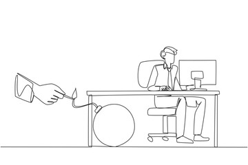 Single continuous line drawing businessman typing at a computer desk. Trapped by business partner. A bomb that could explode at any time. Betrayed by a colleague. One line design vector illustration