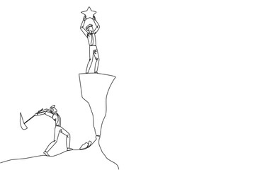 Single one line drawing businessman standing on a cliff lifting a star. An envious friend, eating away at success from the inside to fall down. The traitor. Continuous line design graphic illustration - obrazy, fototapety, plakaty