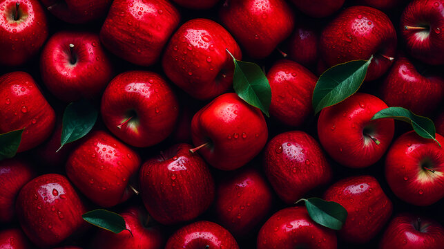 Background of fresh red apples with green leaves.