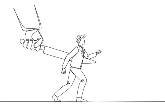 Single continuous line drawing businessman stabbed in the back by a large knife. Cheated to ruin by a business partner. An enemy disguised as a friend. The traitor. One line design vector illustration