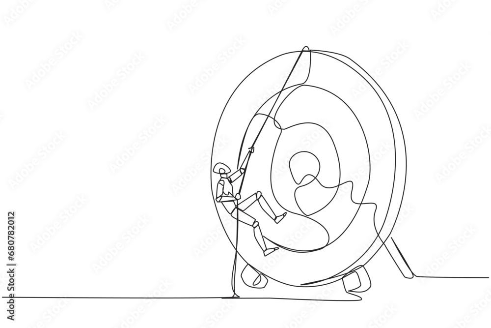 Aufkleber continuous one line drawing the robot climbs arrow board target with rope. struggle very persistentl