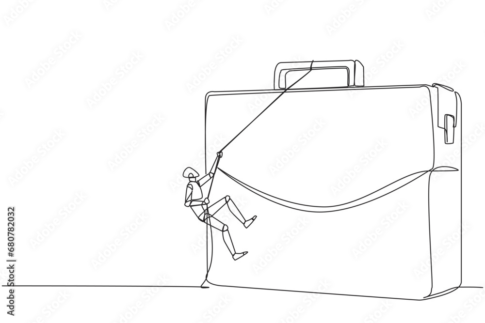 Poster single continuous line drawing smart robot climbs briefcase with the rope. a metaphor for building a