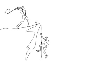 Single continuous line drawing businesswoman climbs a cliff with the rope. Almost successful. Rudely dropped by a business friend. Fake partner. The worst teamwork. One line design vector illustration