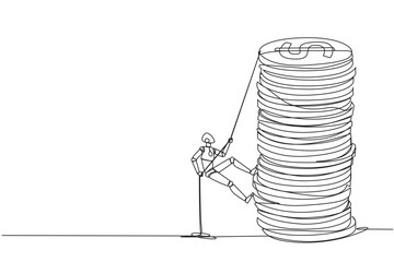 Single one line drawing smart robot climbs stack of coins with rope. The entrepreneur trying hard climbing the rope to reach top of coins. Smart hard work. Continuous line design graphic illustration