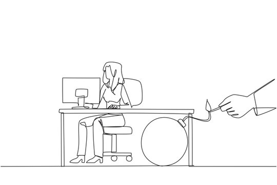 Single one line drawing businesswoman typing at computer desk. Trapped by business partner. A bomb that could explode at any time. Betrayed by a colleague. Continuous line design graphic illustration
