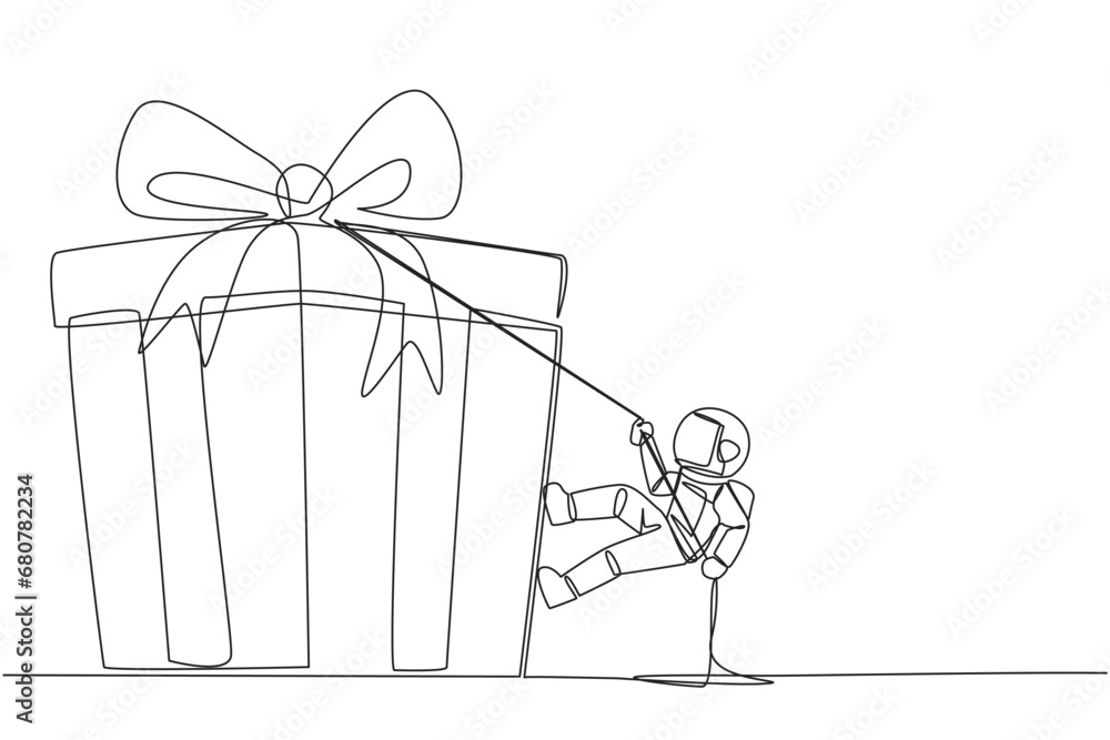 Poster continuous one line drawing astronaut climbing gift box with rope. struggle persistently to achieve 