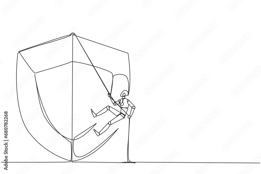 Poster single one line drawing smart robot climbs shield with rope. working to help clients secure servers 