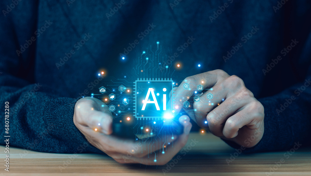 Poster businessman control smart ai technology big data system cyberspace. concept of ai artificial digital
