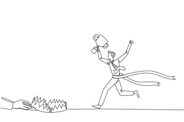Single one line drawing businessman running with trophy. A dangerous business trap. A trap that really brings down a business. Fake friend. Traitor. Rival. Continuous line design graphic illustration