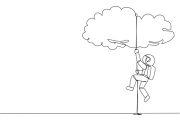 Single continuous line drawing young astronaut climbing clouds with the rope. A metaphor for hanging dreams sky high. Ultimate success. Hard worker. Work smarter. One line design vector illustration