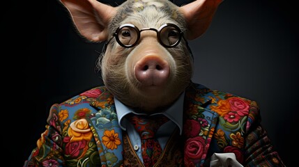 カラフルなスーツを着た豚