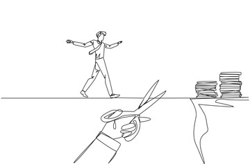 Continuous one line drawing businessman walking on tightrope from one cliff to another. Failed to move to much better place. Cheated by business friend. Single line draw design vector illustration
