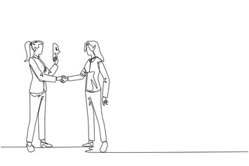 Fototapeta na wymiar Single one line drawing two businesswomen shaking hands. One of them has two faces. Full of falsehood. Fake friend. Worst teamwork. Business betrayal. Continuous line design graphic illustration