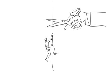 Single continuous line drawing businessman climbing rope. Metaphor of struggling to advance business. Business failed to develop. Sabotaged by business friends. One line design vector illustration