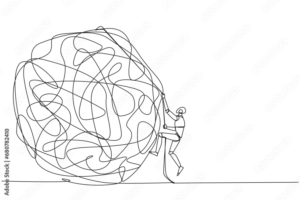 Poster continuous one line drawing smart robot climbs heavy mess circle with the rope. trying to lay anxiet
